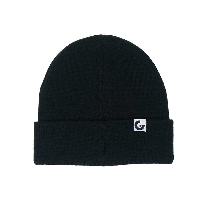 A sleek black beanie with a folded brim, featuring a small white square patch with a stylized G logo—perfect for fans of the Guggenheim’s Rashid Johnson Beanie, Untitled Anxious Men.