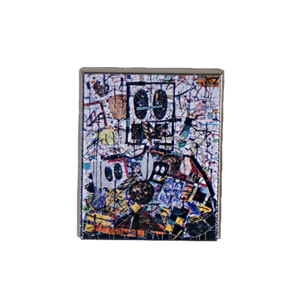 Inspired by Rashid Johnson, the "Standing Broken Men" lapel pin features bold black outlines and geometric shapes. Two large eye-like forms stand out at the center with colorful, energetic lines and fragmented background patterns.