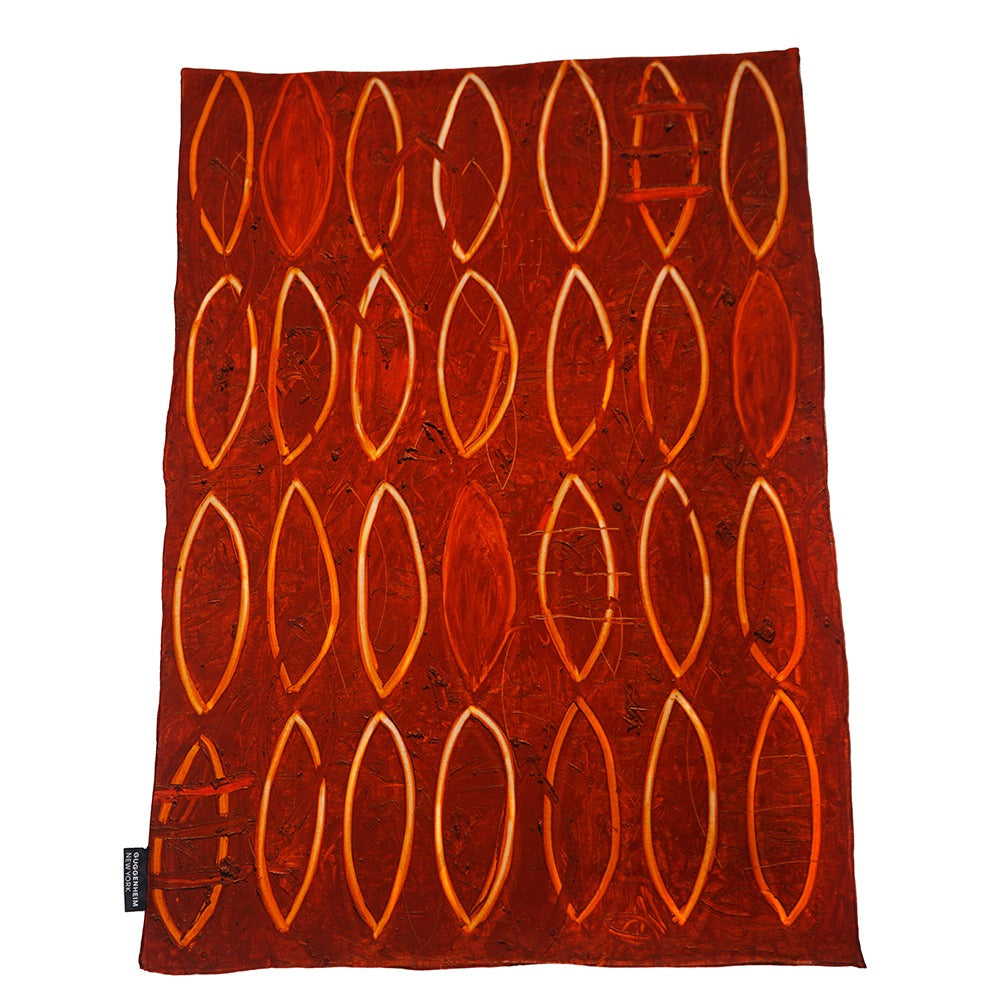 Rectangular silk scarf featuring elongated orange ovals on a deep red background with varied lines and a visible left fabric tag—Rashid Johnson Scarf, God Painting "What's Happenin," inspired by Guggenheim art.