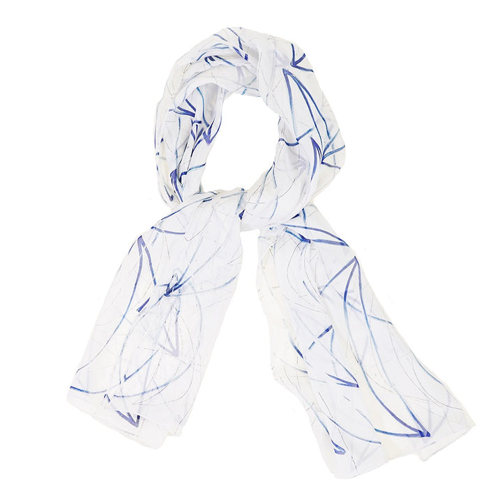 The Rashid Johnson Scarf, "Seascape," is a silk chiffon scarf featuring elegant blue lines on a white background.