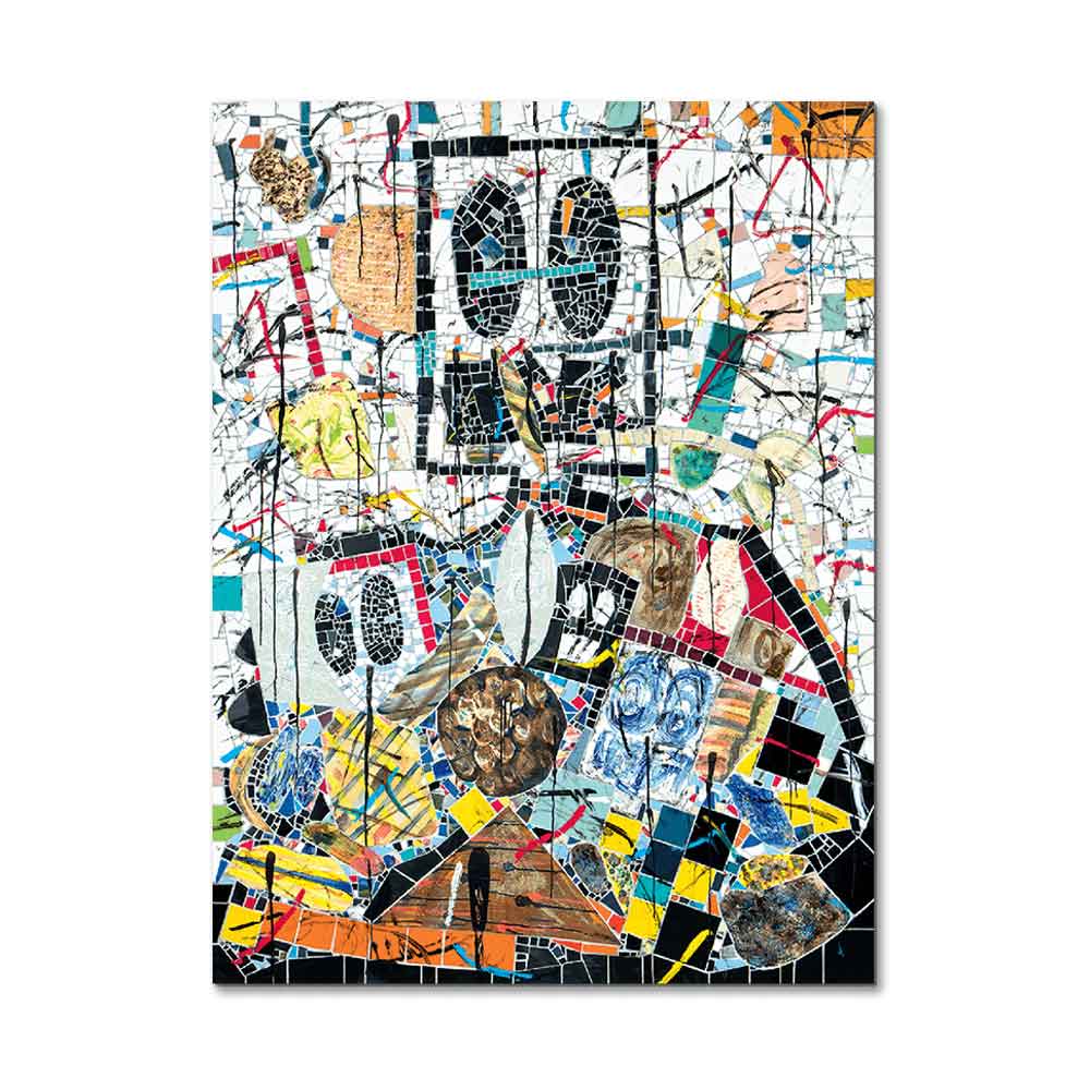 The Rashid Johnson Standing Broken Man Sticker features a vibrant abstract mosaic with overlapping geometric shapes, lines, and two large eye-like forms. Measuring 2.6" x 3.5", it’s accented with red, yellow, blue, and black fragments.