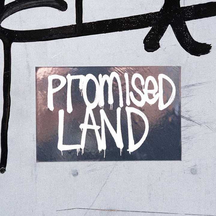 The Rashid Johnson Promised Land Sticker features bold, white, graffiti-style "PROMISED LAND" lettering on a 4 x 2.6 inch rectangular sticker, shown against a gray wall with black graffiti markings.