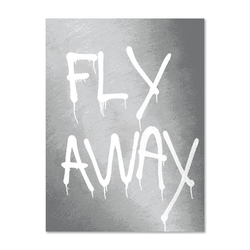 The Rashid Johnson Fly Away Sticker features a metallic silver background with "FLY AWAY" in bold, white, dripping graffiti-style letters—ideal for wallet size prints or as a compact wallet accessory.