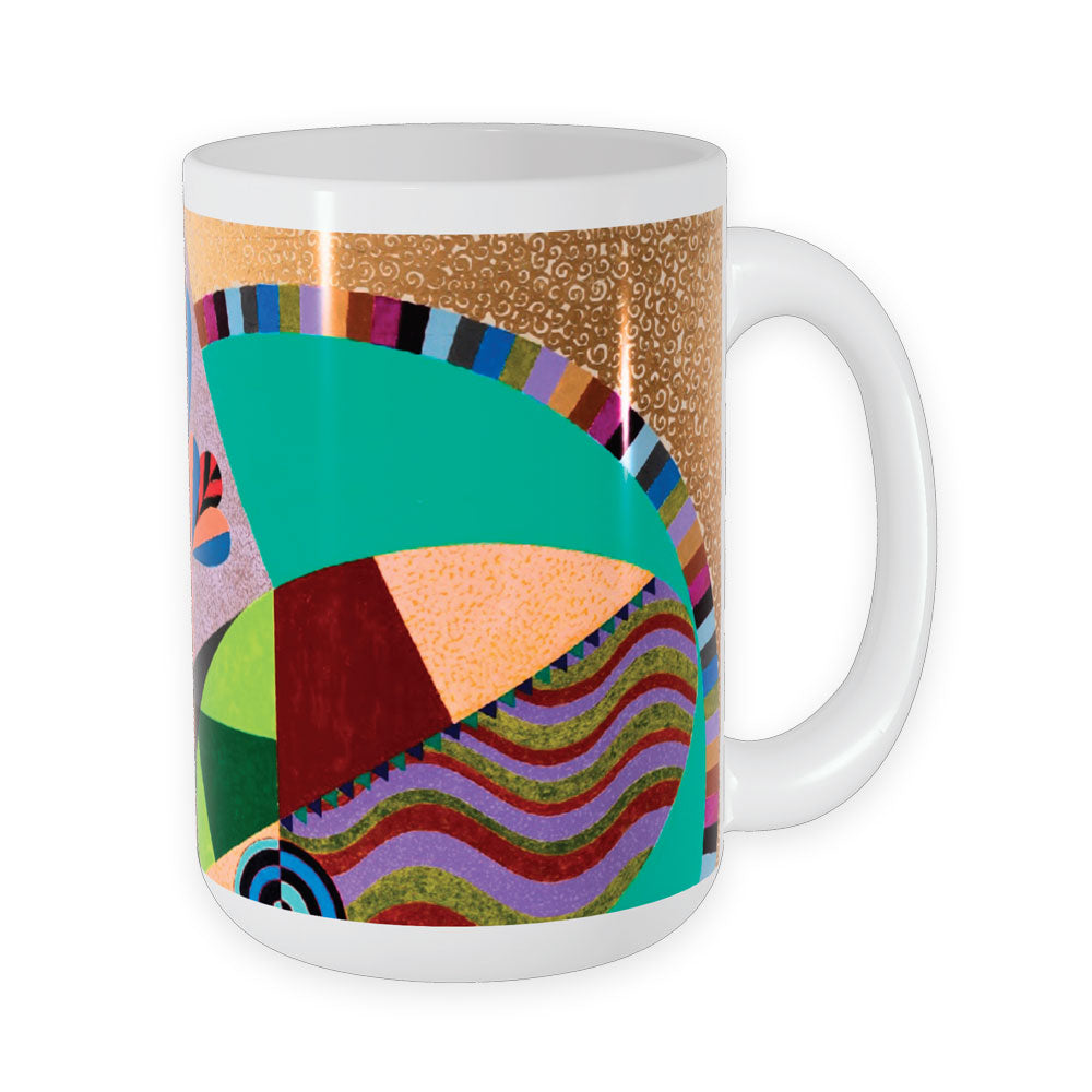 The Guggenheim Beatriz Milhazes Mug, Mistura Sagrada, is a white ceramic mug featuring a colorful abstract design with curved lines and green, red, purple, and tan geometric patterns on one side.