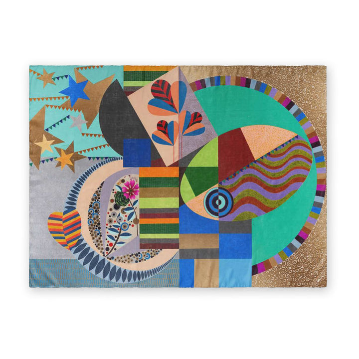 The Guggenheim Beatriz Milhazes Silk Scarf, Mistura Sagrada, showcases colorful abstract art with geometric shapes, stars, hearts, and vibrant patterns in blue, green, brown, red, and orange on white—a stunning wearable art accessory.