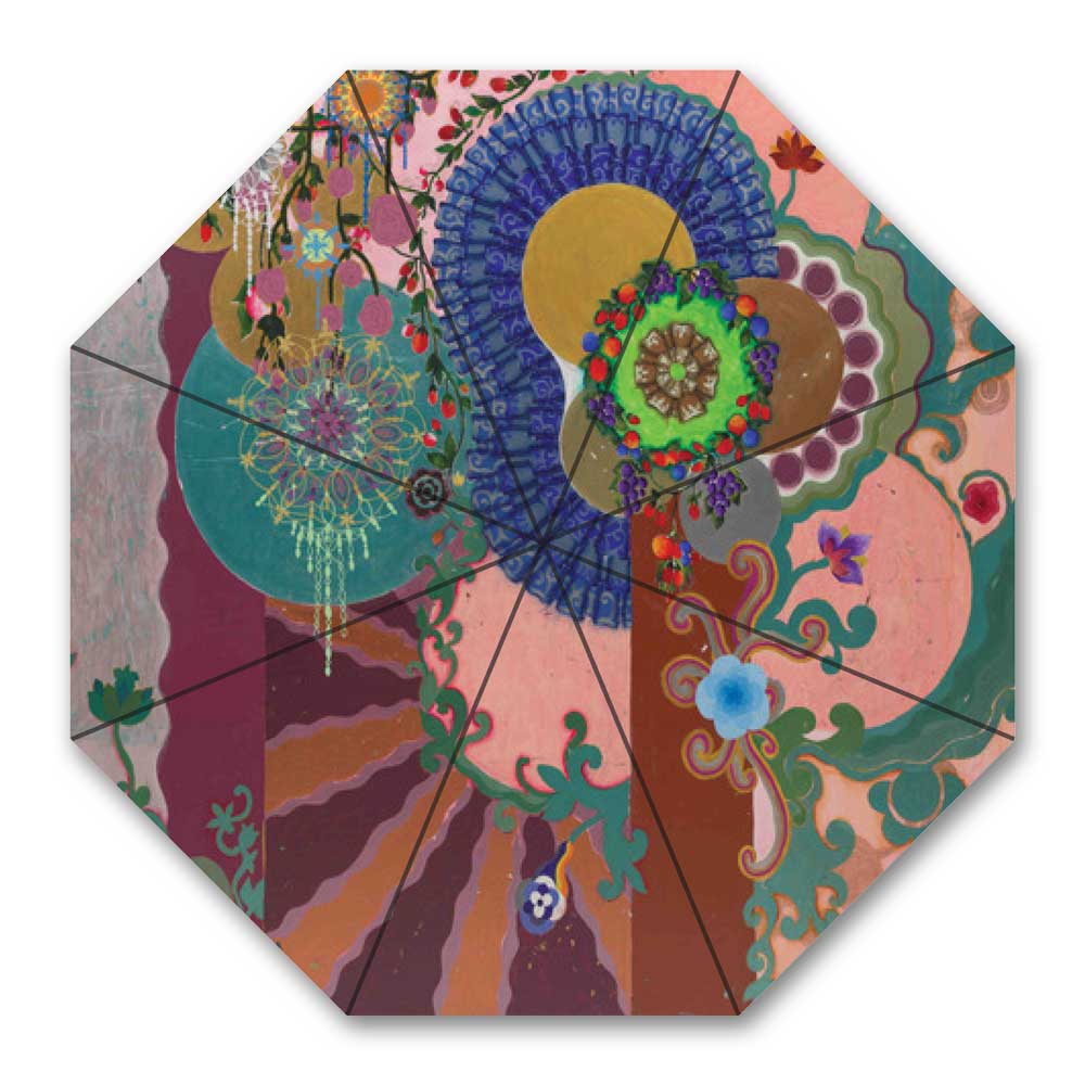 The Guggenheim Beatriz Milhazes Umbrella features an octagonal canopy with vibrant abstract swirls, circles, florals, and lace-like designs in pink, green, blue, and brown on a light background—echoing Milhazes’ artistic style.