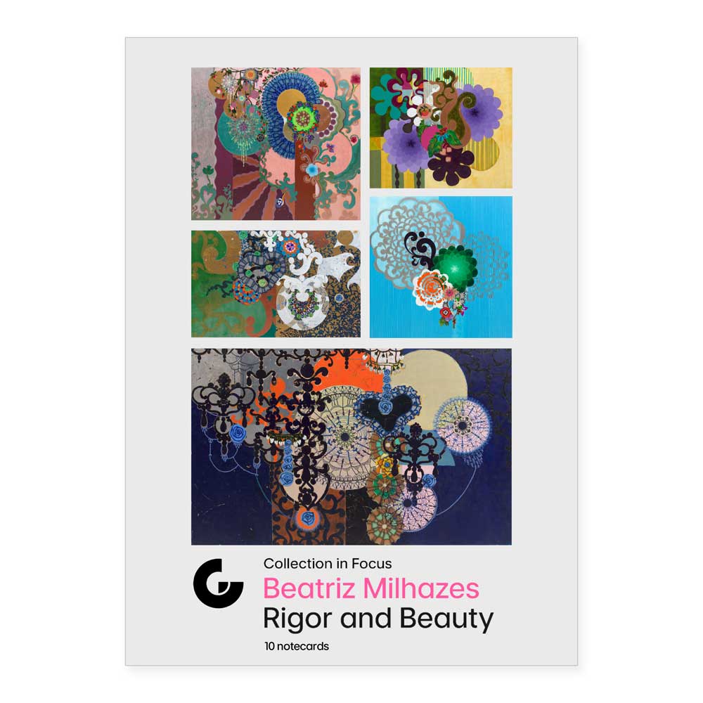 A set of five colorful abstract floral artworks is arranged in a grid above the text: Guggenheim Collection in Focus Beatriz Milhazes Rigor and Beauty Notecard Set, 10 notecards.