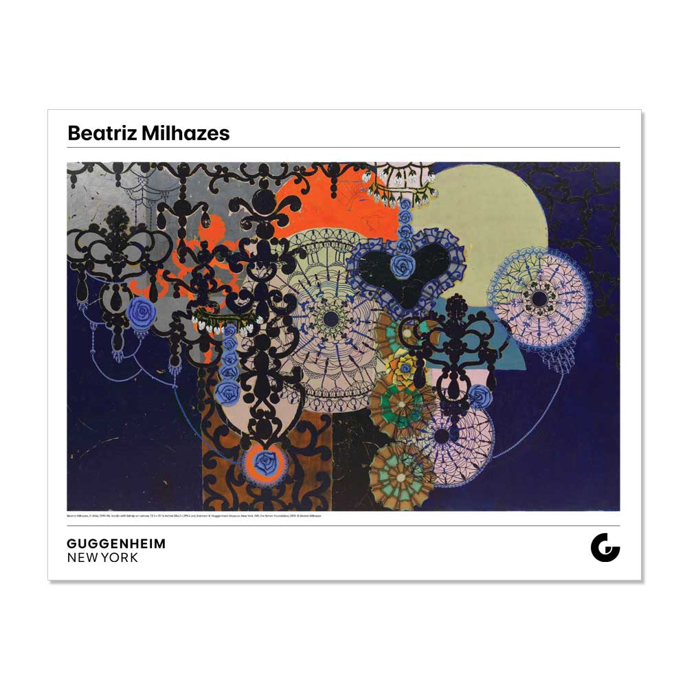 The Beatriz Milhazes In Albis Poster features colorful abstract art with layered circles, floral motifs, and black ornate designs over blue and orange, with "In Albis" and Guggenheim New York noted at the bottom.