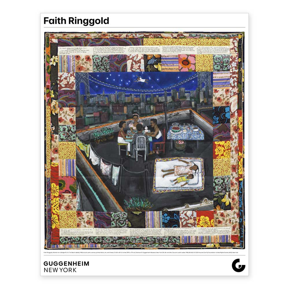 The Faith Ringgold: Tar Beach Poster features her vibrant quilt artwork of people dining on a nighttime rooftop with a city skyline, bordered by patterns and text. Printed on 24 x 30 poster paper and ready to frame. Guggenheim Museum, New York.