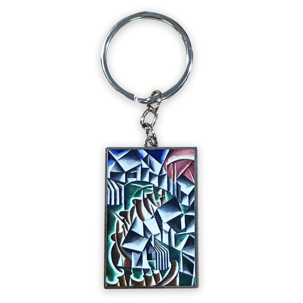The Liubov Popova Birsk Keychain is a rectangular keychain with a metal ring, featuring abstract geometric art in blue, green, brown, and red—ideal for fans of Liubov Popova or abstract art keychains.