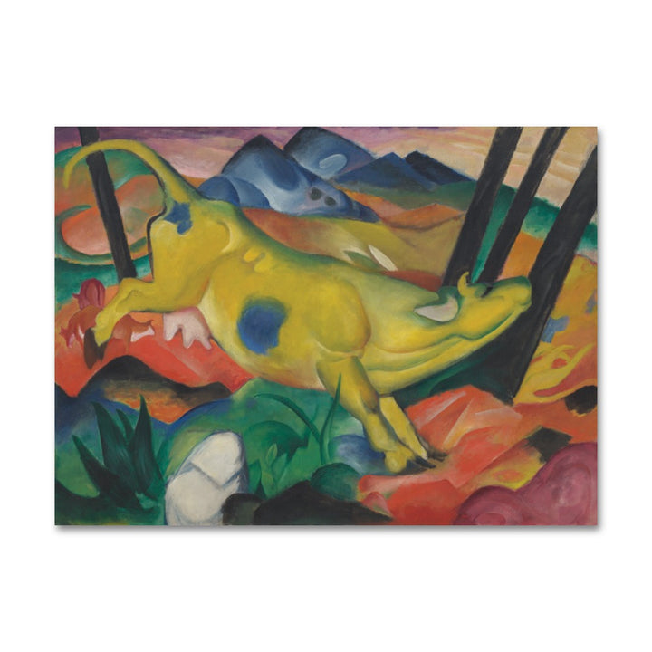 The Franz Marc Yellow Cow Pin features a yellow cow with blue spots, measuring 1.22" W x 0.92" H, leaping through a vivid abstract landscape of red, green, blue, and purple with distant nickel-plated mountains.