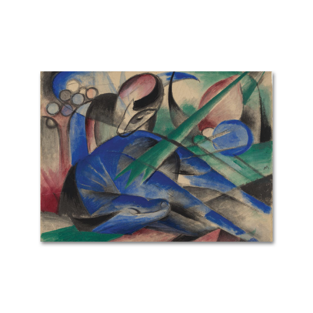 The Franz Marc Dreaming Horse Pin features an abstract blue horse reclining among geometric shapes in blue, green, black, and pink. Its dynamic design measures 0.92" H x 1.22" W and evokes the sleek shine of nickel-plated surfaces.