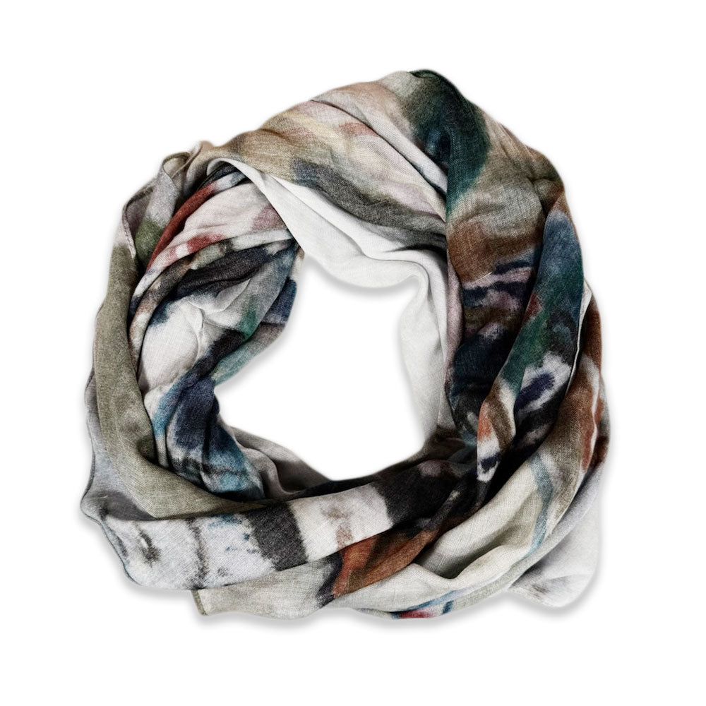 The Vasily Kandinsky Painting with White Border Scarf, a lightweight accessory with an abstract pattern in white, green, blue, brown, and gray tones, is displayed on a white background.