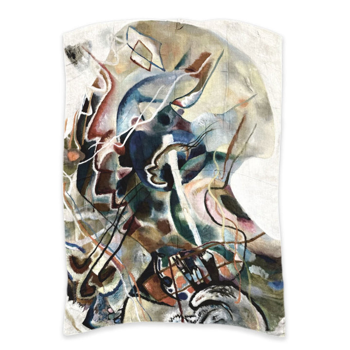 The Vasily Kandinsky Painting with White Border Scarf features abstract swirling lines and shapes in blue, green, brown, and white on a curved rectangular design, evoking the look of a striking Kandinsky painting.