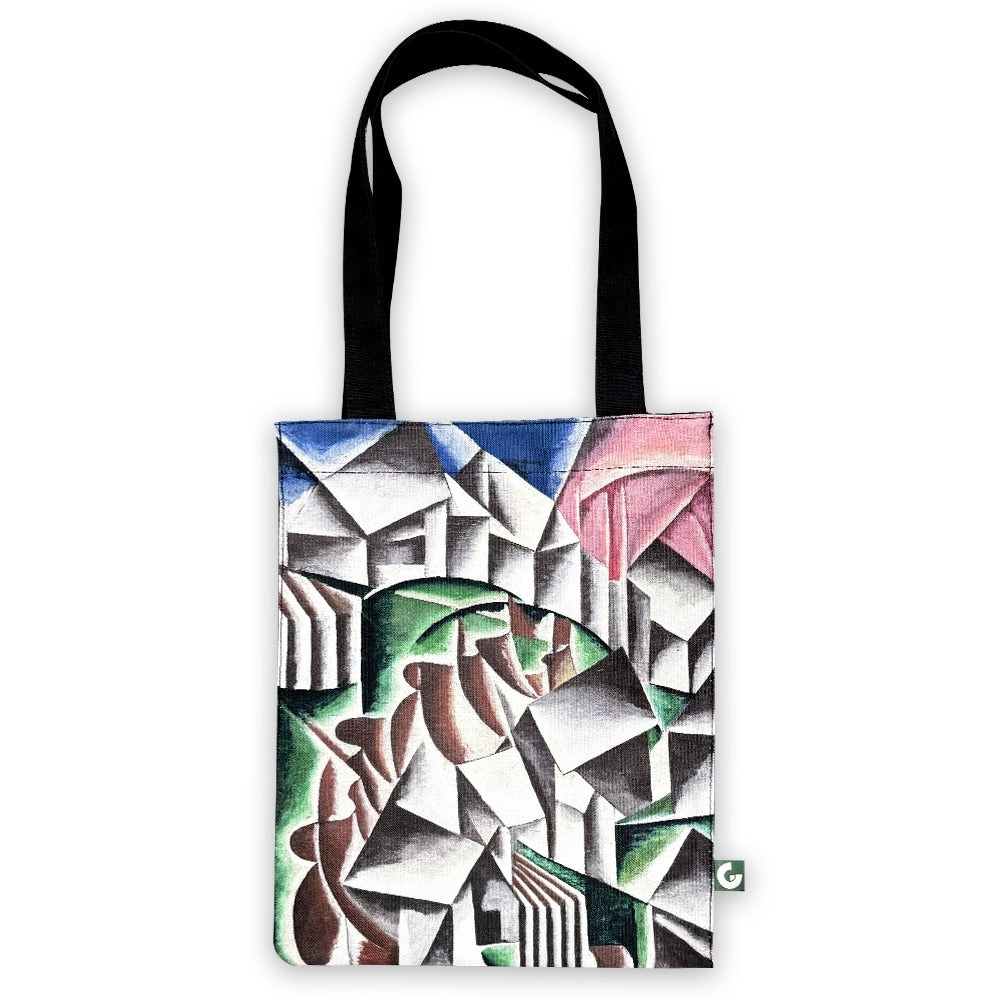 The Liubov Popova Birsk Tote features black handles and a geometric abstraction in white, green, brown, blue, and pink shapes, creating a modern cubist-inspired pattern reminiscent of Russian avant-garde design.
