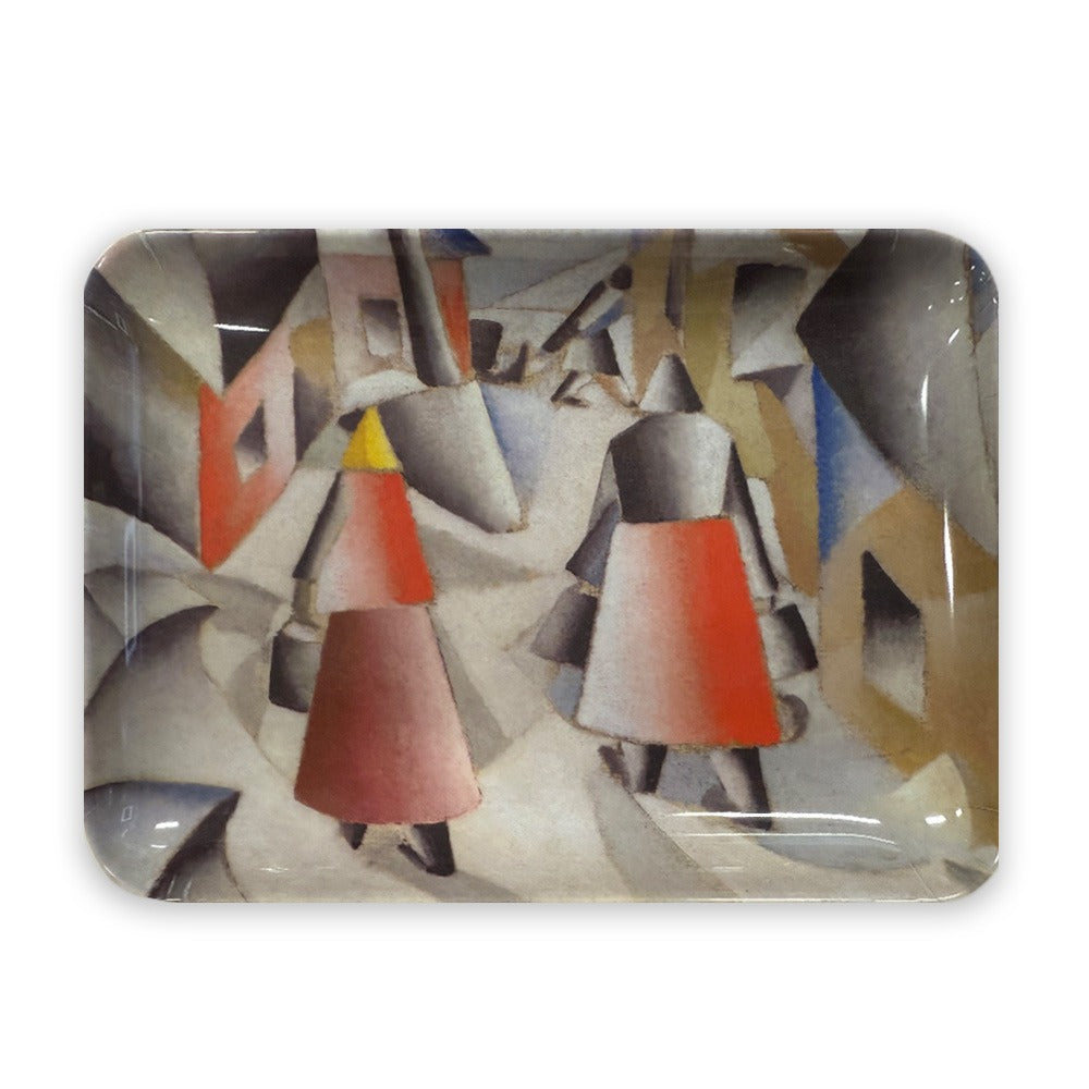 The Kazimir Malevich Morning in the Village Trinket Tray features an abstract painting of two figures in red and gray coats walking through a geometric cityscape, inspired by Suprematism and cubist art with muted tones of gray, blue, and yellow.