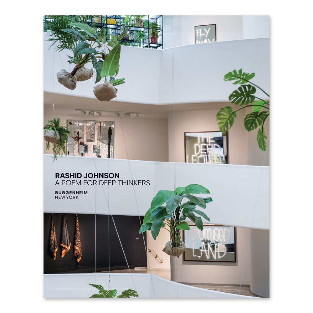 The image shows green plants and neon signs inside the Guggenheim. Text: Rashid Johnson: A Poem for Deep Thinkers, Installation Poster. Printed on paper, 18 x 24 inches, ready to frame. Guggenheim New York.