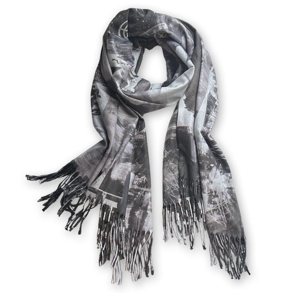 Guggenheim Museum Robert Rauschenberg Barge Scarf in gray and black with fringed ends, displayed in a loose loop.