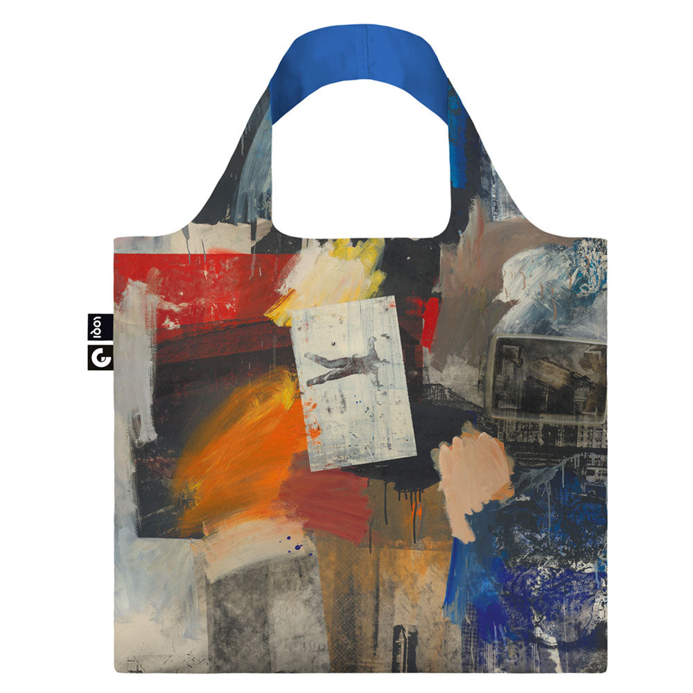 The Guggenheim Museum's Robert Rauschenberg Recycled Bag features abstract art in bold colors with a small figure.