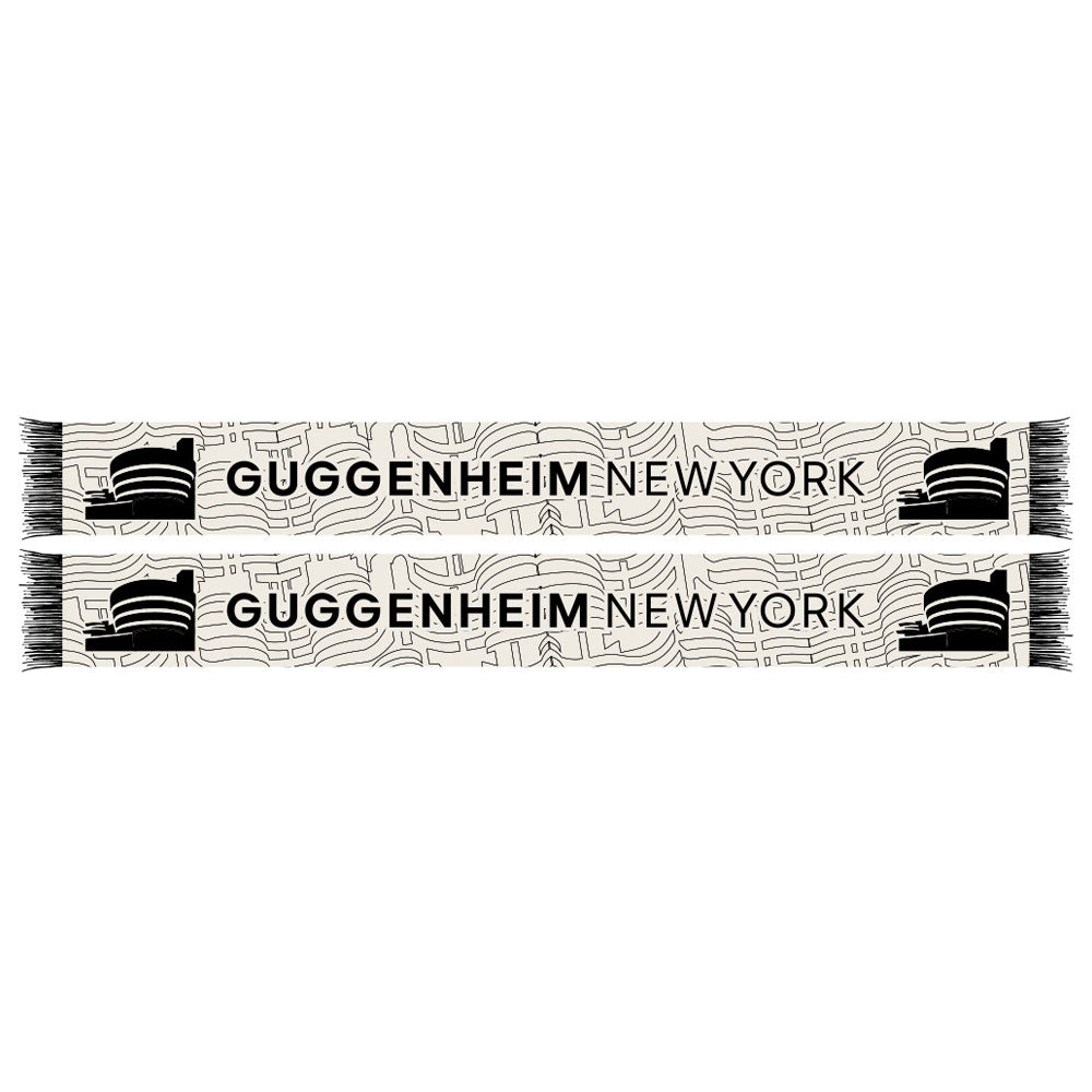 Two The Guggenheim Museum World Cup Scarves by Guggenheim Museum—white with black text, lines, and building logos.