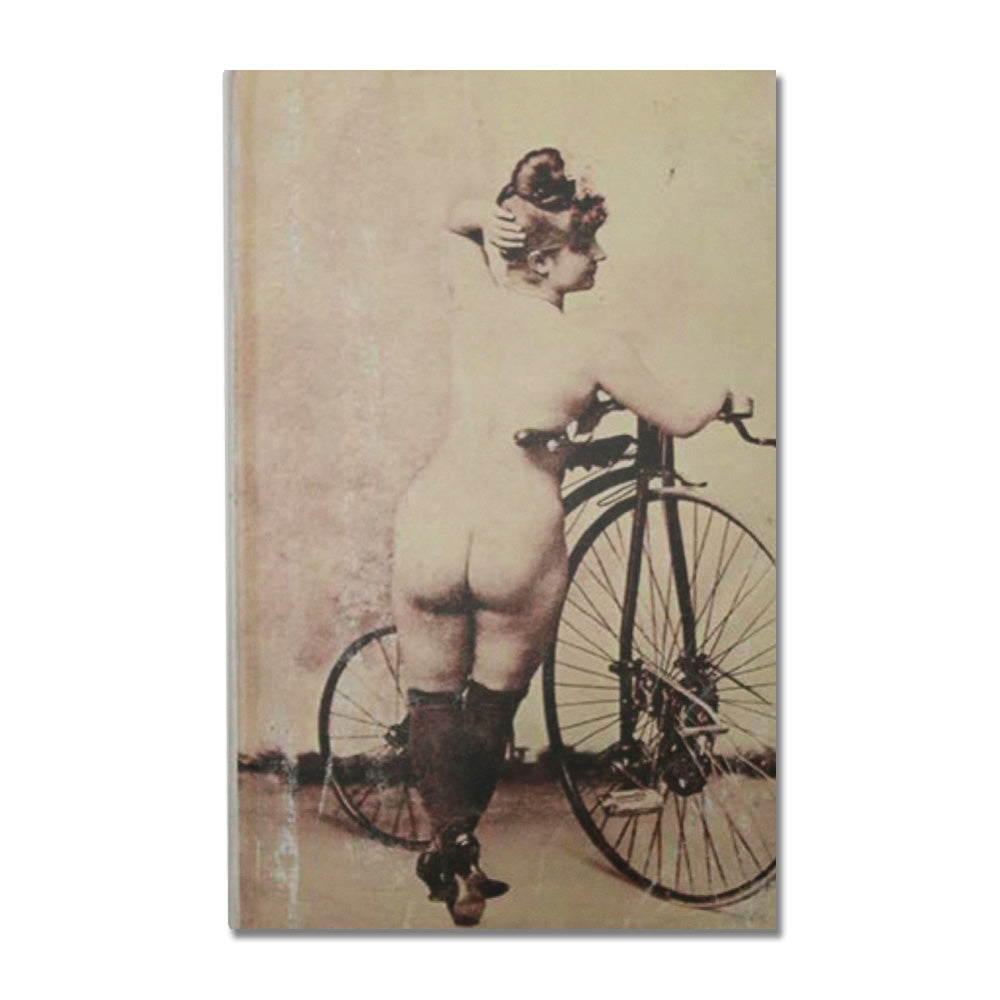 Vintage-style poster of a nude person on a bicycle with a sepia tone.