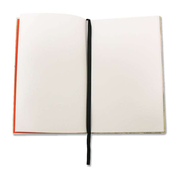 Open notebook with a black ribbon bookmark on a white background
