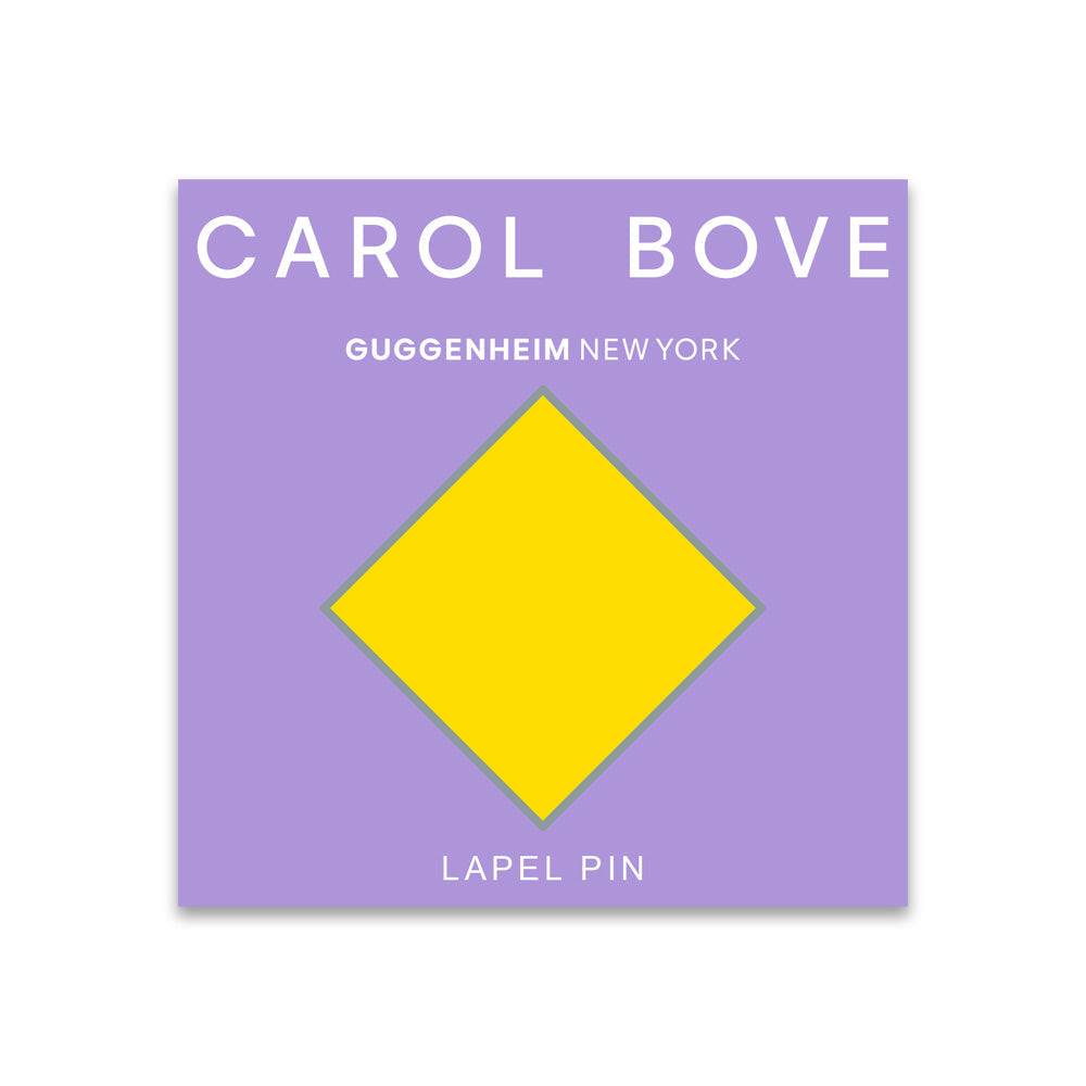 A lavender square card displays "CAROL BOVE" at the top, "Guggenheim Museum NEW YORK" center, and "LAPEL PIN" below a yellow diamond, perfect for fans of contemporary sculpture and the Carol Bove Yellow Pin.