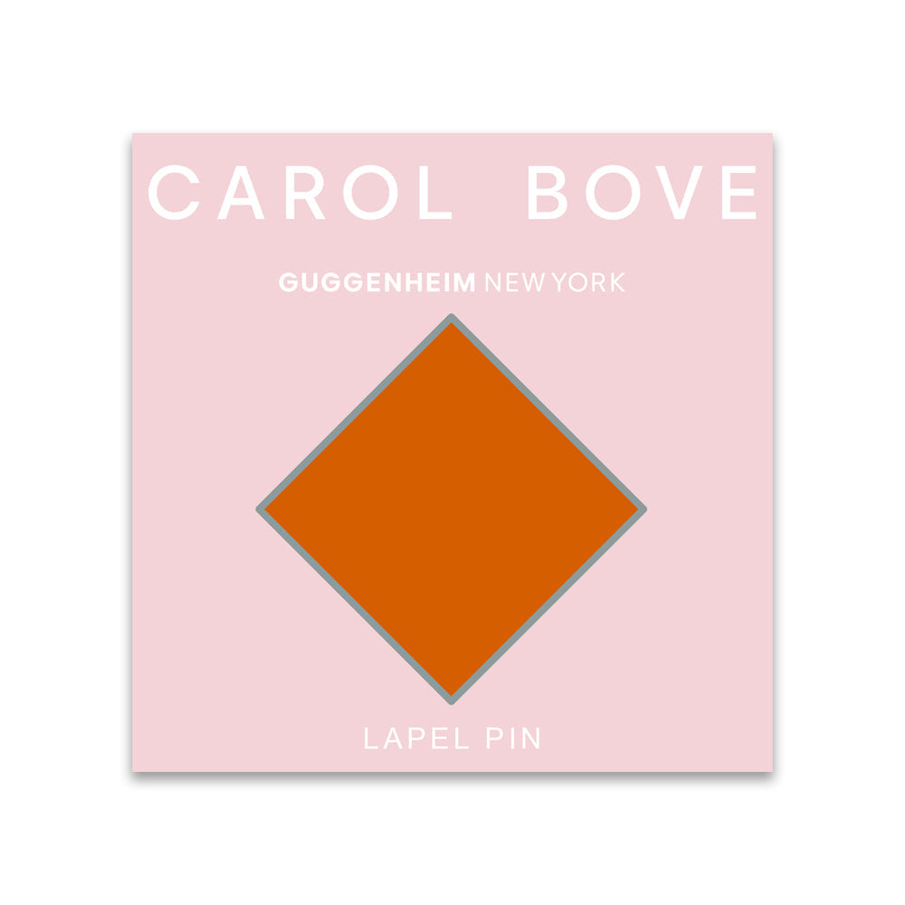 A square card with a pink background features CAROL BOVE at the top, Guggenheim Museum New York in the center, and RED PIN at the bottom. A metallic-edged red diamond-shaped Carol Bove lapel pin is centered—a nod to contemporary sculpture.