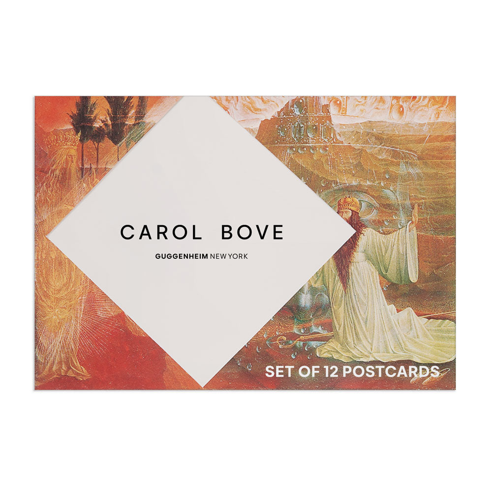 The Carol Bove Postcard Set cover features robed figures in an ethereal collage landscape, with a white diamond overlay listing "Carol Bove Guggenheim New York" and "Carol Bove Postcard Set of 12" in the bottom right corner.