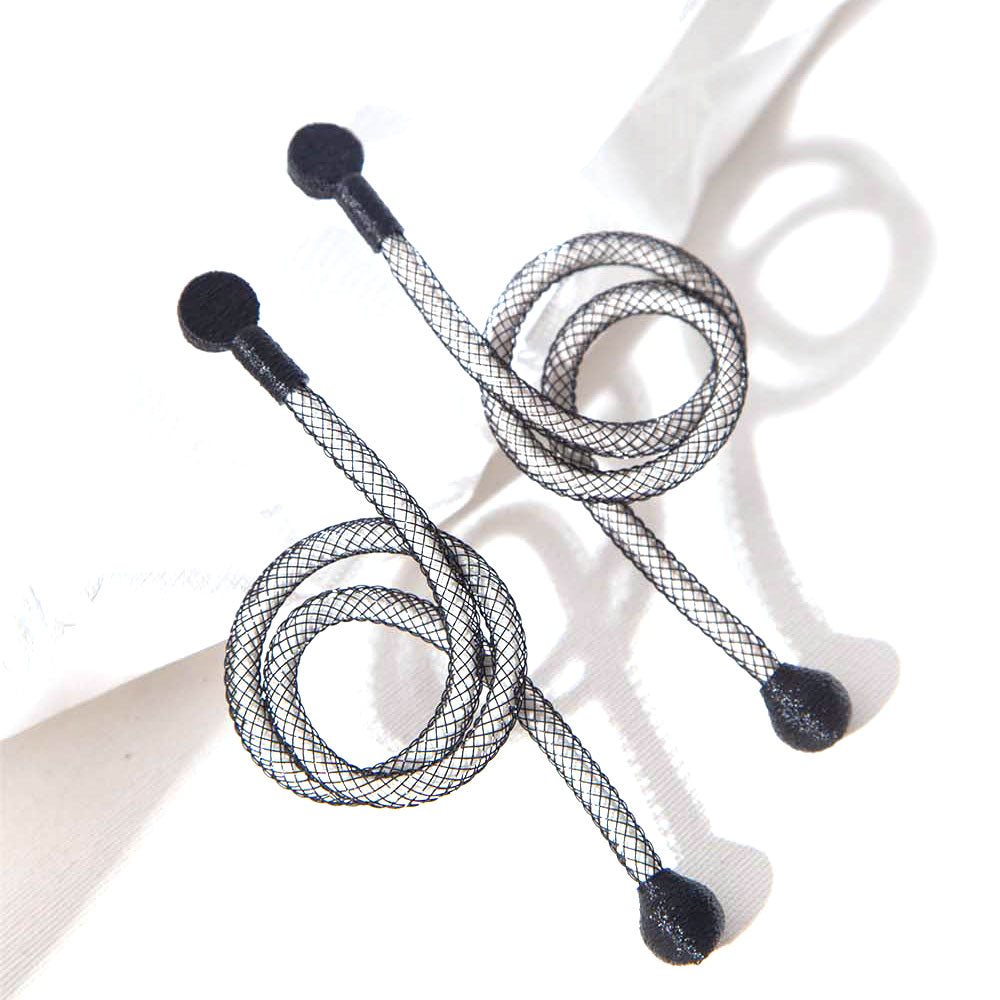 Two black Swirl Mesh Knot Earrings in a knotted, looped design rest on a white surface with soft shadows, highlighting their handcrafted quality.