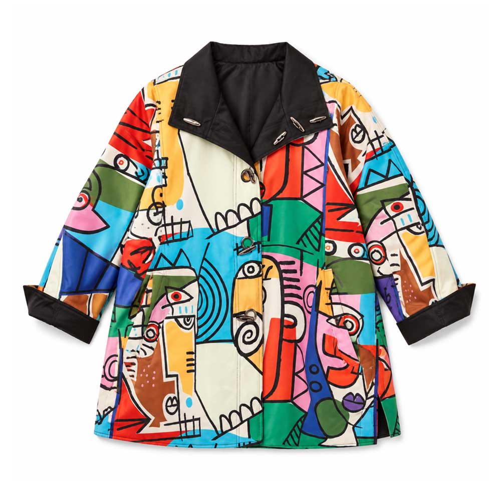 Guggenheim Museum Abstract Cubism Reversible Rain Jacket—bold, geometric faces make this raincoat a vibrant statement piece.