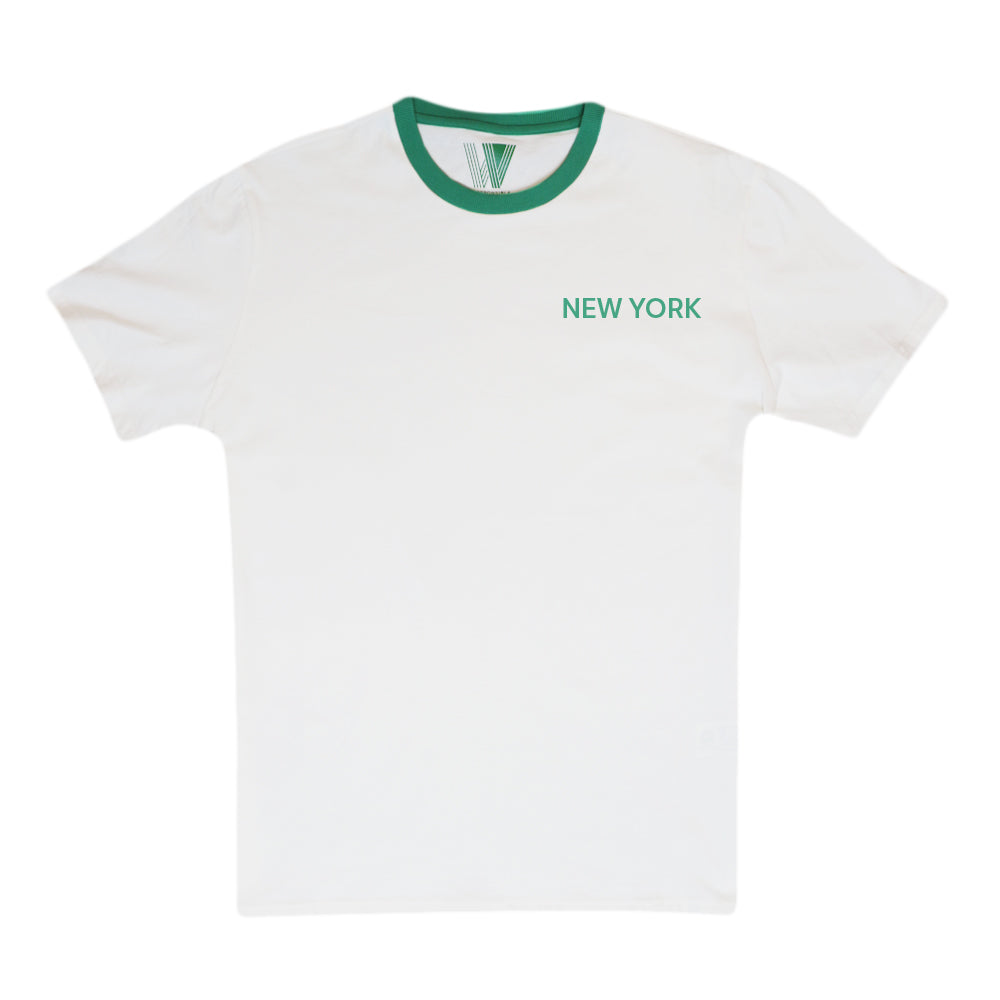 Guggenheim Museum Logo Ringer T-Shirt with green collar and NEW YORK text, inspired by modern art.