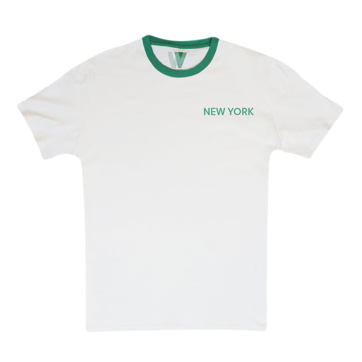 Guggenheim Museum Logo Ringer T-Shirt with green collar and NEW YORK text, inspired by modern art.
