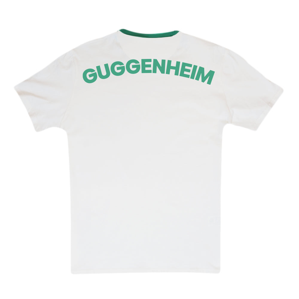 Guggenheim Museum Logo Ringer T-Shirt with bold green text—ideal for modern art fans.