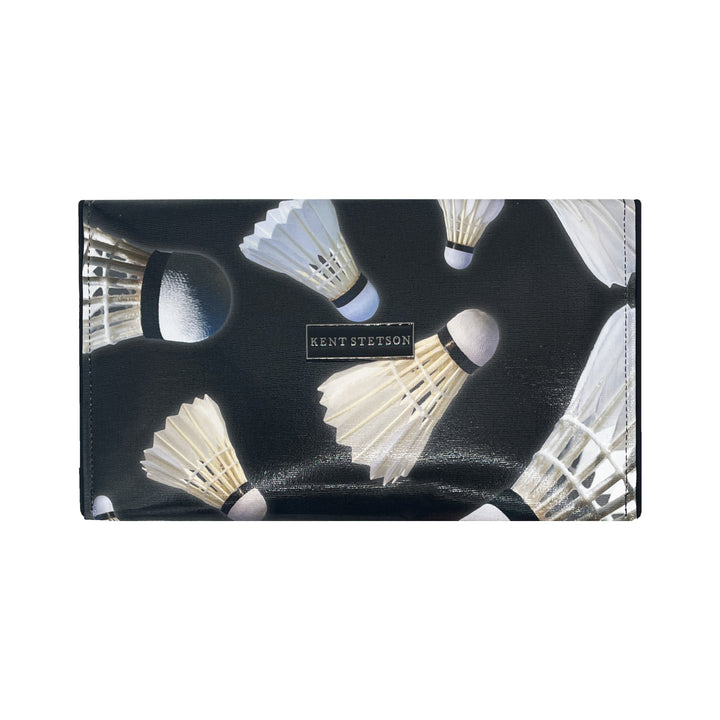Shuttlecock Pop Art Clutch by Guggenheim Museum: a chic black wallet with a white shuttlecock pop art pattern.