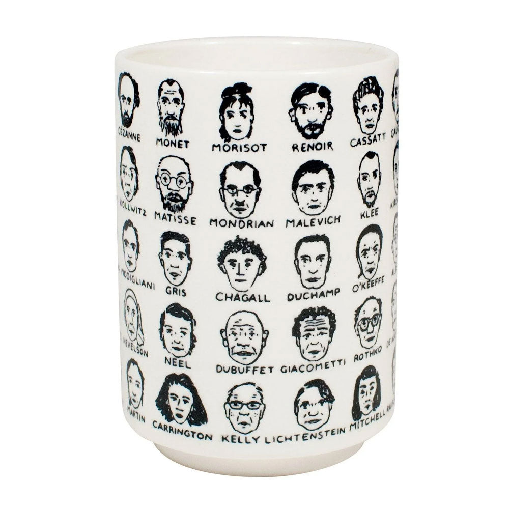 Guggenheim Museum’s Modern Artists Mug features black line drawings of famous faces—ideal for art lovers and enthusiasts.