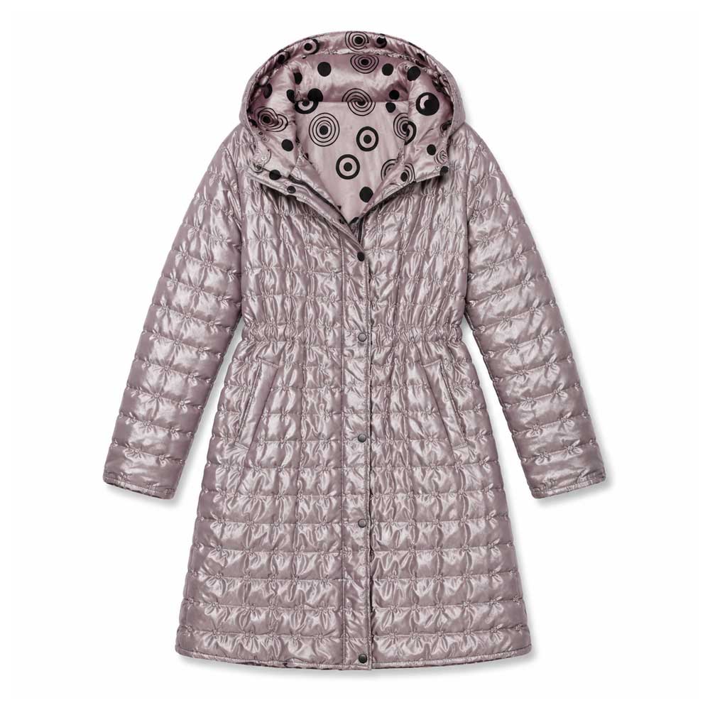 Circle Design Reversible Puffer Jacket by Guggenheim Museum, hooded with patterned lining, cinched waist, and pockets.