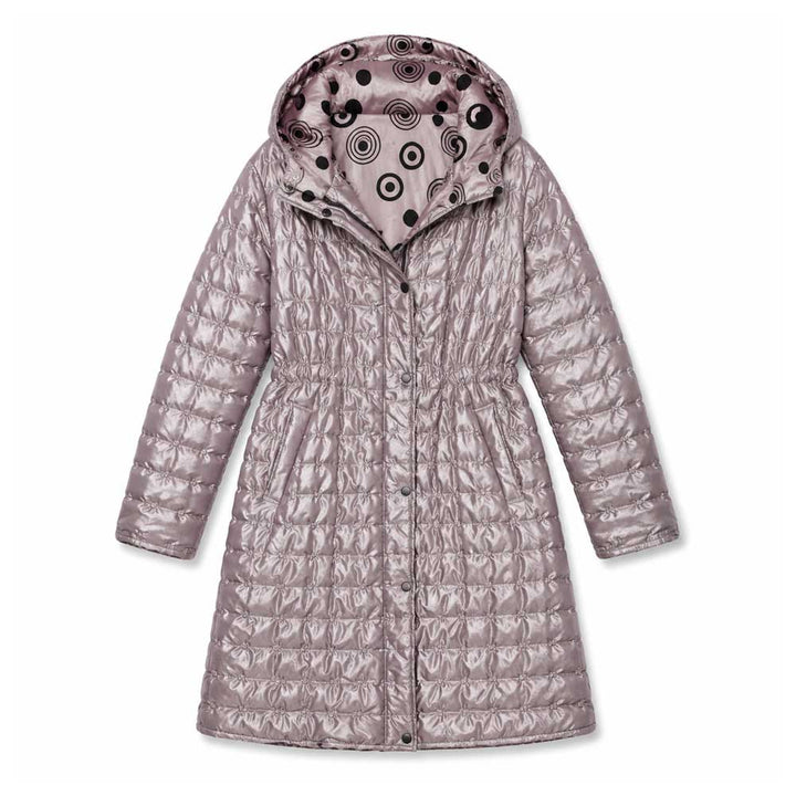 Circle Design Reversible Puffer Jacket by Guggenheim Museum, hooded with patterned lining, cinched waist, and pockets.