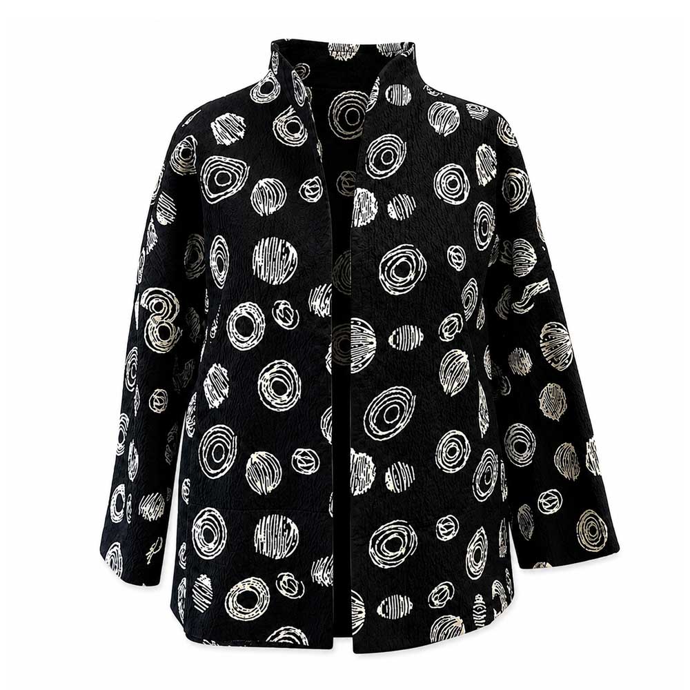 Guggenheim Museum’s Abstract Multi Circle Jacket for women features bold white circles and a sleek stand-up collar.