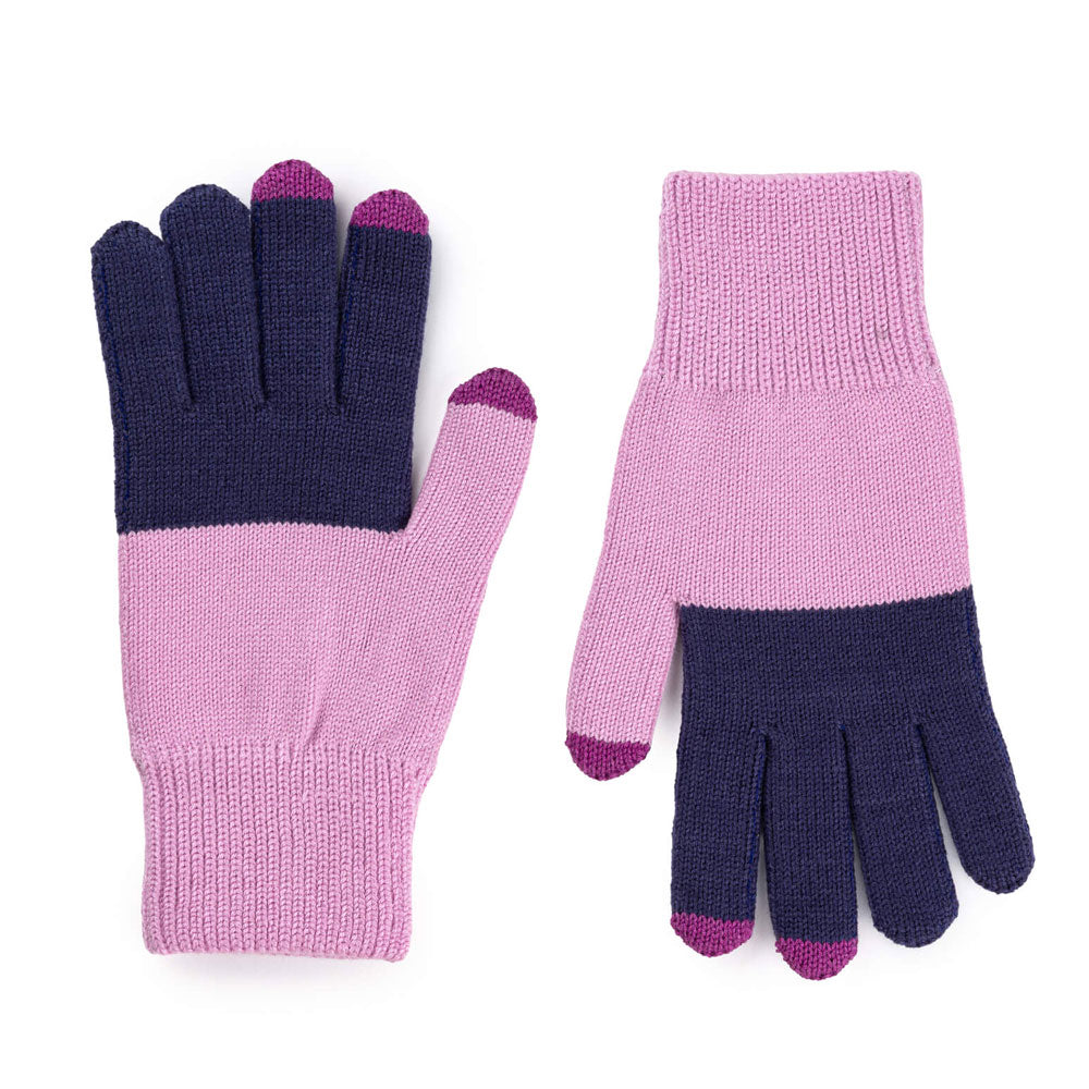Lilac Colorblock Knit Touchscreen Gloves by Guggenheim Museum with pink cuffs and tips, on a white background.