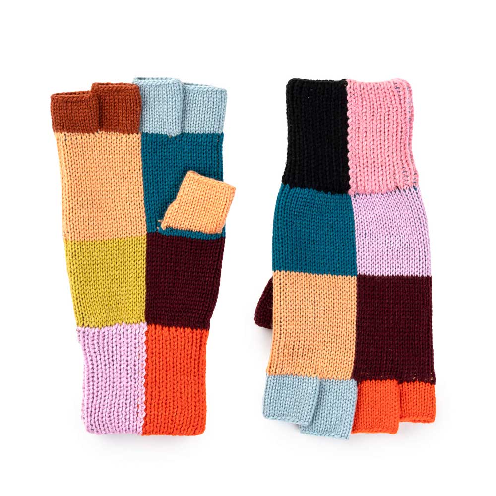 Guggenheim Museum Color Patch Fingerless Gloves feature a vibrant patchwork in pink, orange, blue, and yellow.