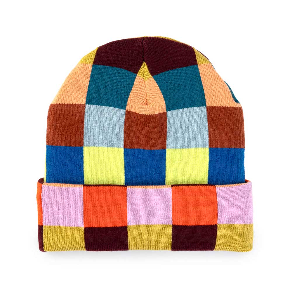 Guggenheim Museum Color Patch Knit Beanie with vibrant square patchwork in a double-knit jacquard design.