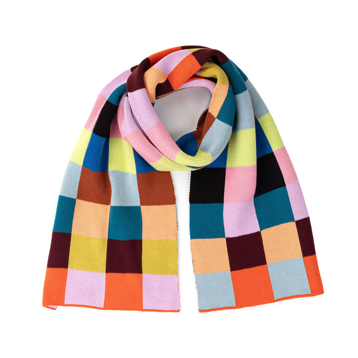 Guggenheim Museum Color Patch Big Scarf with bold blocks of orange, blue, pink, yellow, burgundy, and brown.