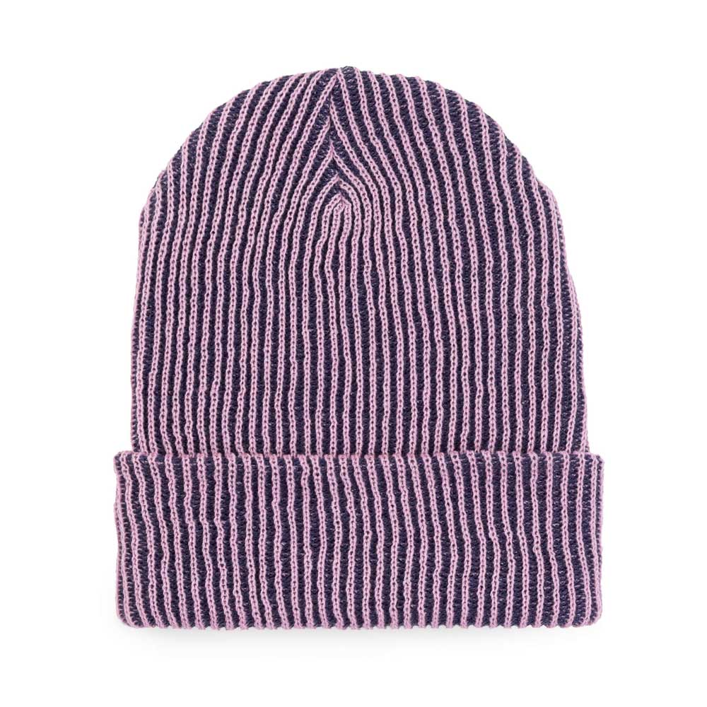 The Guggenheim Museum Simple Rib Knit Beanie features purple and pink stripes, hypoallergenic yarn, and a folded brim.