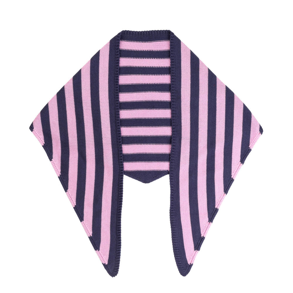 Guggenheim Museum Simple Stripe Triangle Scarf in purple and pink—versatile accessory with pointed ends.