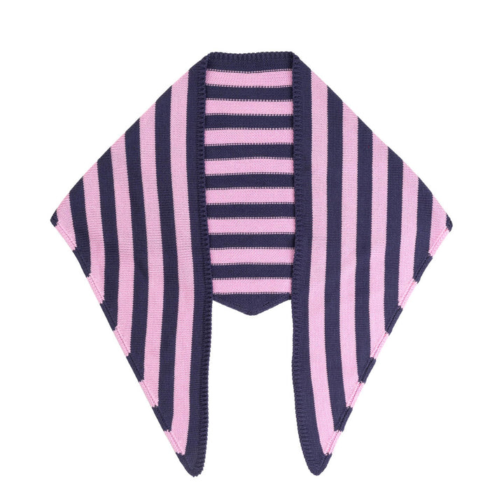 Guggenheim Museum Simple Stripe Triangle Scarf in purple and pink—versatile accessory with pointed ends.