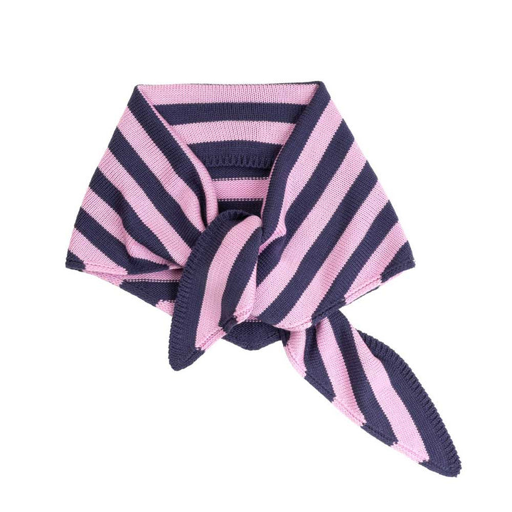 Guggenheim Museum Simple Stripe Triangle Scarf in navy and pink, tied loosely on a white background.