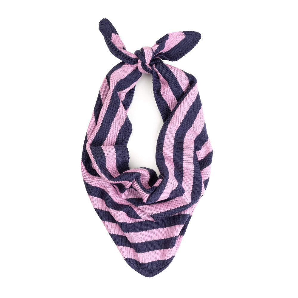 Guggenheim Museum Simple Stripe Triangle Scarf in purple and pink, knotted and displayed flat—a versatile accessory.