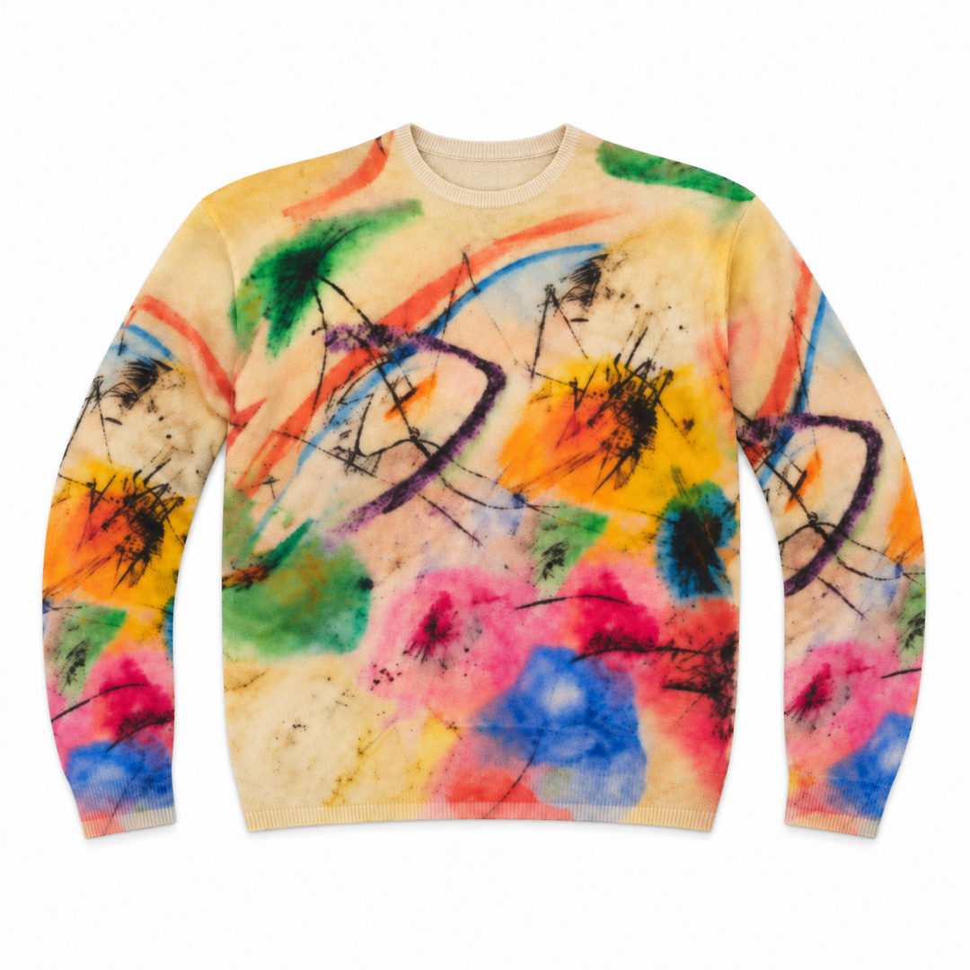 Wassily Kandinsky Crew Sweater by Guggenheim Museum with vibrant abstract art on white merino wool.