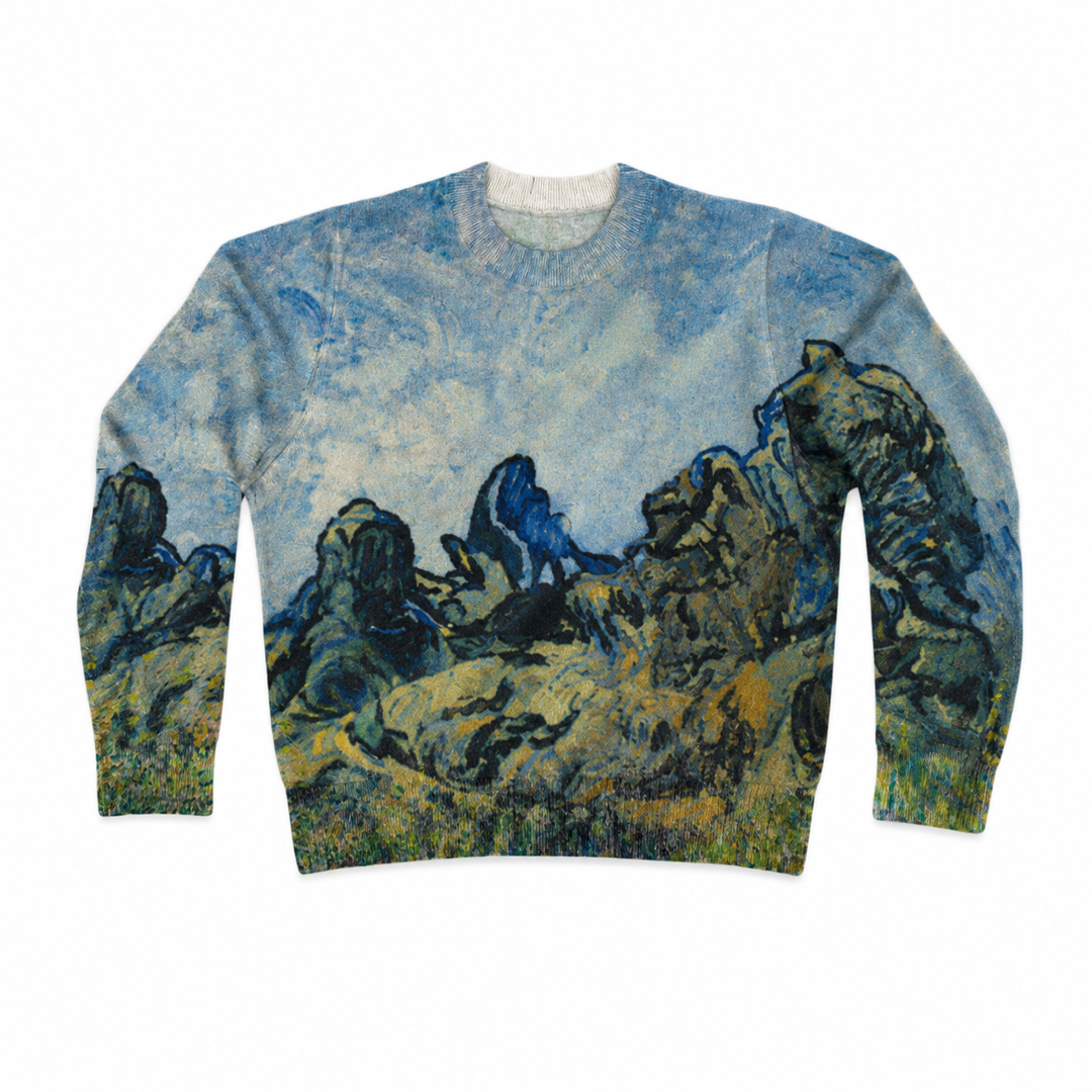 Vincent Van Gogh Crew Sweater by Guggenheim Museum—features rocky landscape, blue sky, and textured brushstrokes.